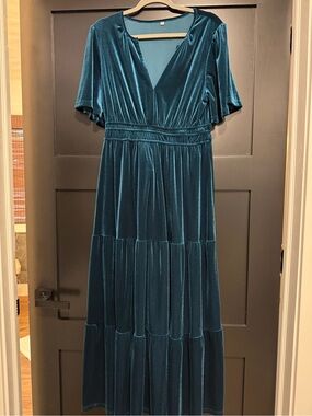 Teal Velvet Tiered Maxi Dress - Women